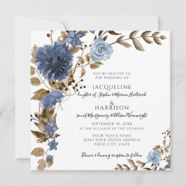 Invitación Boda del follaje marrón floral de la marina azul t