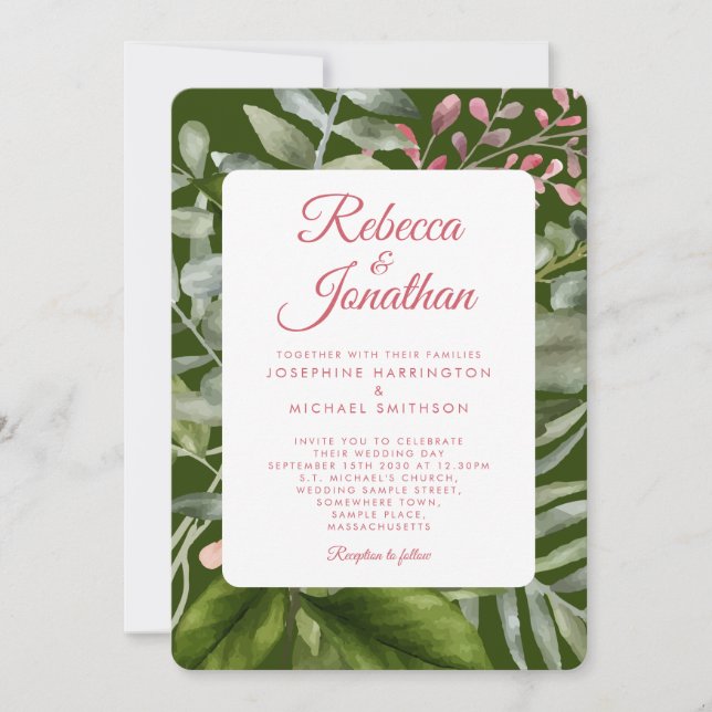 Invitación Boda del follaje verde de esmeralda rosada (Anverso)