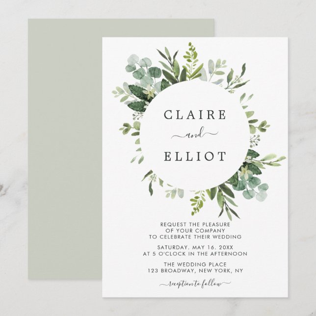 Invitación Boda del follaje verde Eucalyptus (Anverso / Reverso)