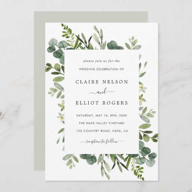 Invitación Boda del follaje verde Eucalyptus (Anverso / Reverso)