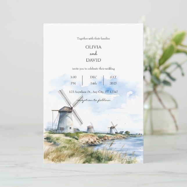 Invitación Boda del fondo de la vista del mar de los molinos  (Anverso de pie)