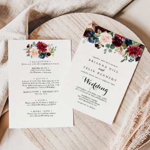Invitación Boda del frente y espalda floral de Borgoña ruidos