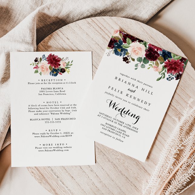 Invitación Boda del frente y espalda floral de Borgoña ruidos (Subido por el creador)