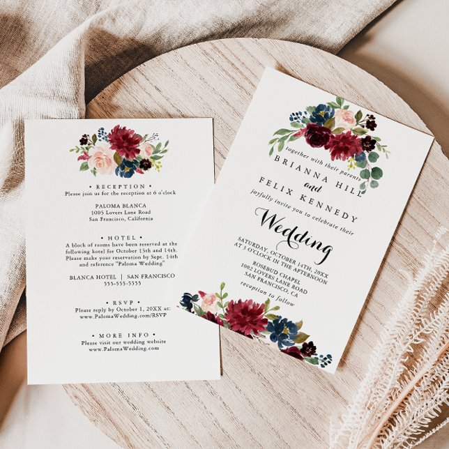 Invitación Boda del frente y espalda floral de Borgoña ruidos (Subido por el creador)
