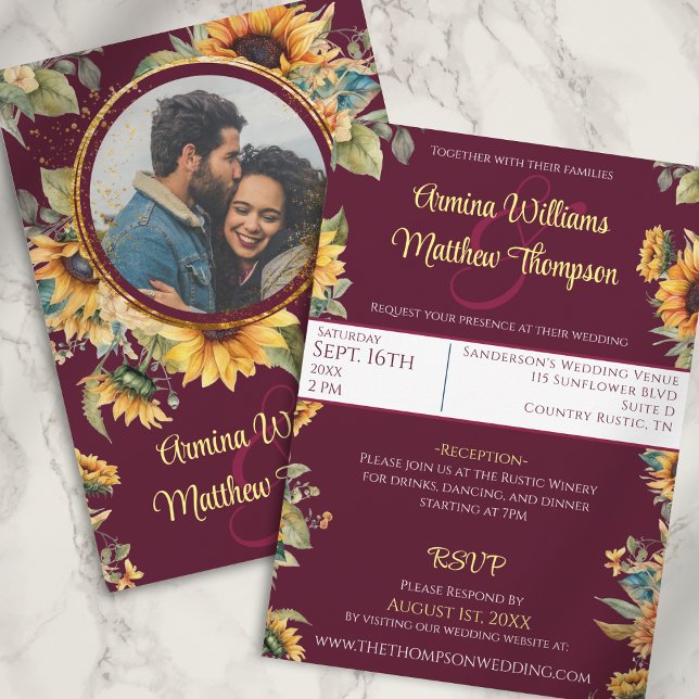 Invitación Boda del girasol Borgoña todo en una foto (Subido por el creador)
