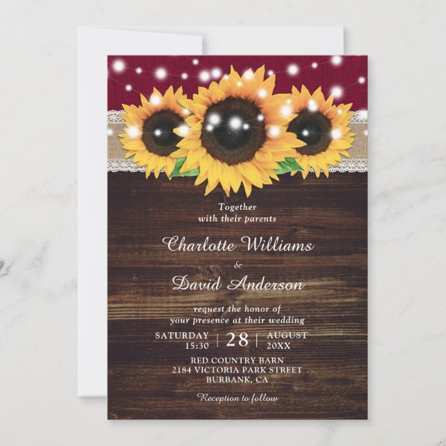 Invitación Boda del girasol de la madera de borgoña rusa (Anverso)