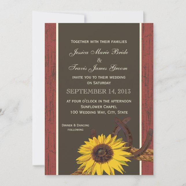Invitación Boda del girasol de la madera de pino rústica (Reverso)