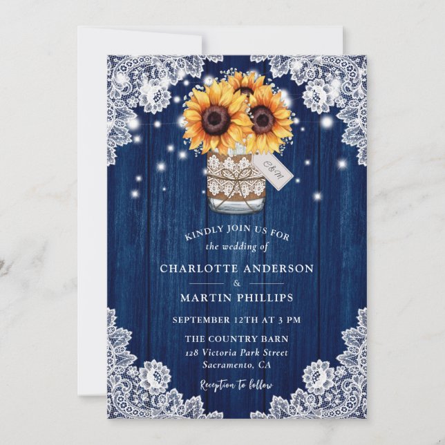 Invitación Boda del girasol de la Marina Rusa Blue Wood Mason (Anverso)