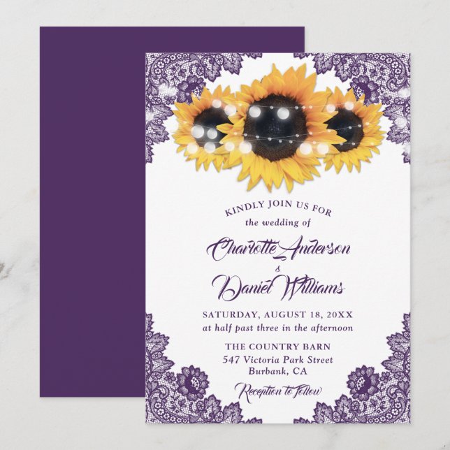 Invitación Boda del girasol de la Moda rusa Purple Lace (Anverso / Reverso)