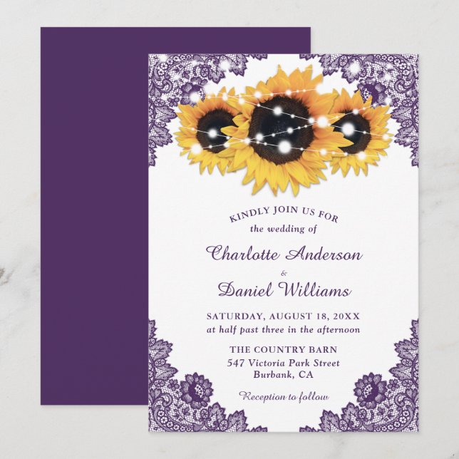 Invitación Boda del girasol de la Moda rusa Purple Lace (Anverso / Reverso)