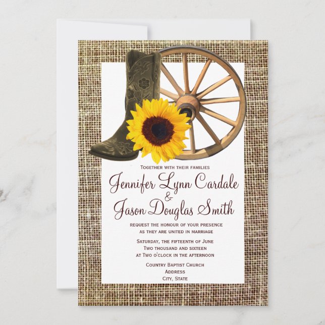 Invitación Boda del girasol de la rueda de carro de las botas (Anverso)