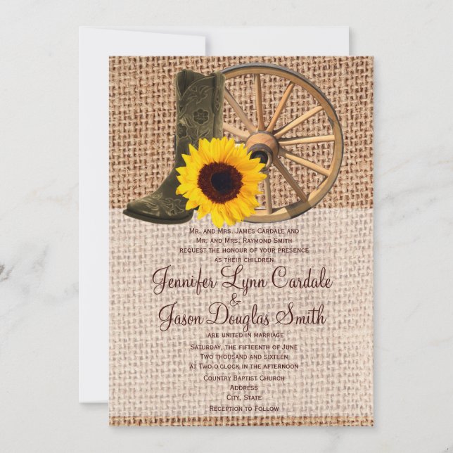 Invitación Boda del girasol de las botas de vaquero de la (Anverso)