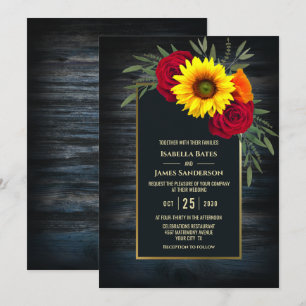 Invitación Boda del girasol del marco dorado de Barnwood