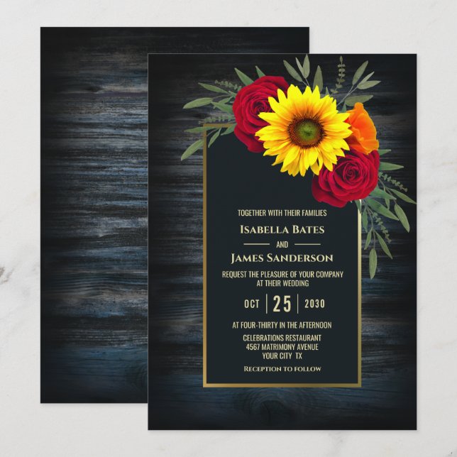 Invitación Boda del girasol del marco dorado de Barnwood (Anverso / Reverso)