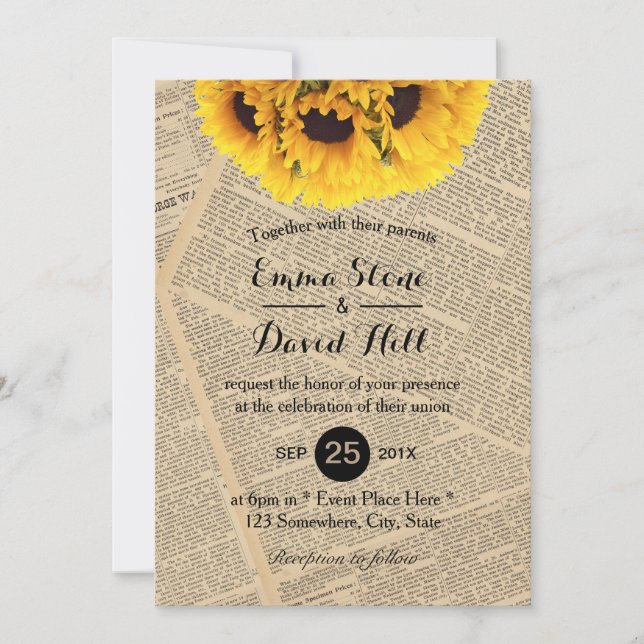 Invitación Boda del girasol del país de un antiguo diario vin (Anverso)