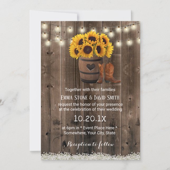 Invitación Boda del girasol del país del barril de la madera  (Anverso)