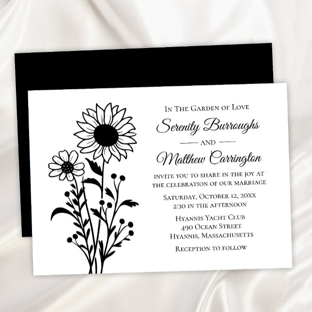 Invitación Boda del girasol - Floral blanca y negra rústica (Subido por el creador)