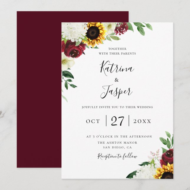 Invitación Boda del girasol floral de Borgoña (Anverso / Reverso)