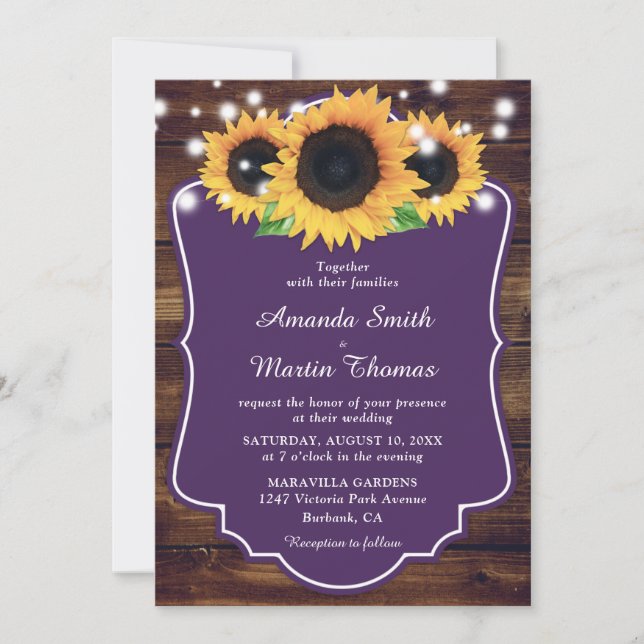 Invitación Boda del girasol púrpura de la madera Rustica (Anverso)