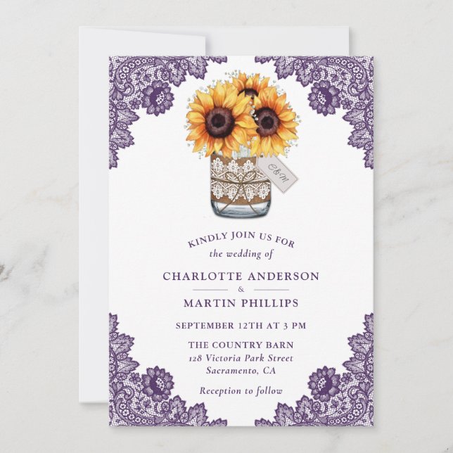 Invitación Boda del girasol púrpura ruso (Anverso)