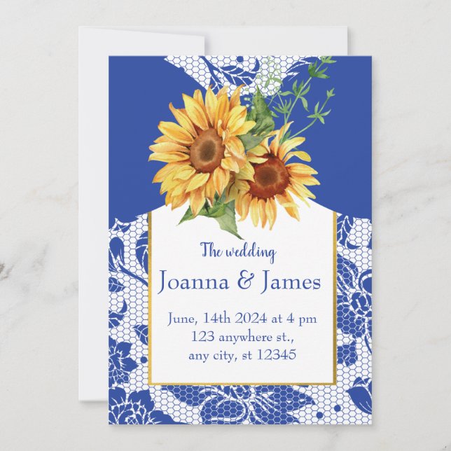 Invitación Boda del girasol Royal Blue Lace (Anverso)