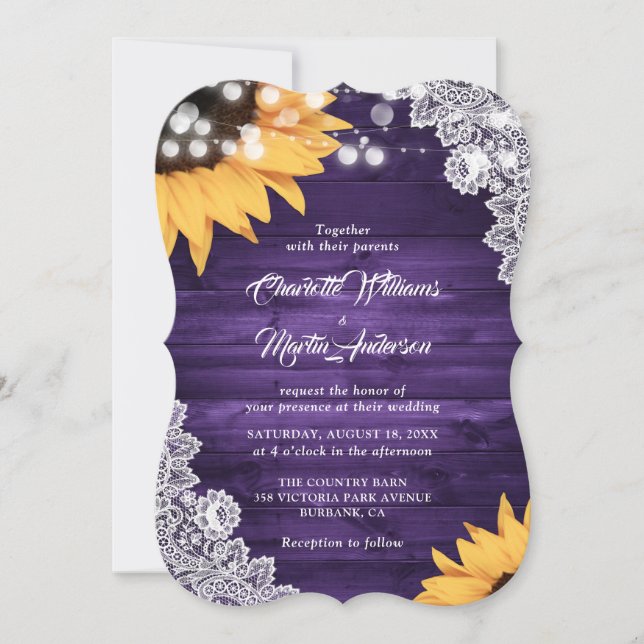 Invitación Boda del girasol Rusple Purple Wood Lace (Anverso)