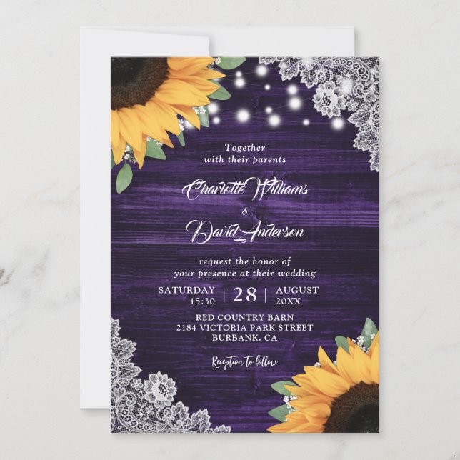 Invitación Boda del girasol Rusple Purple Wood Lace (Anverso)