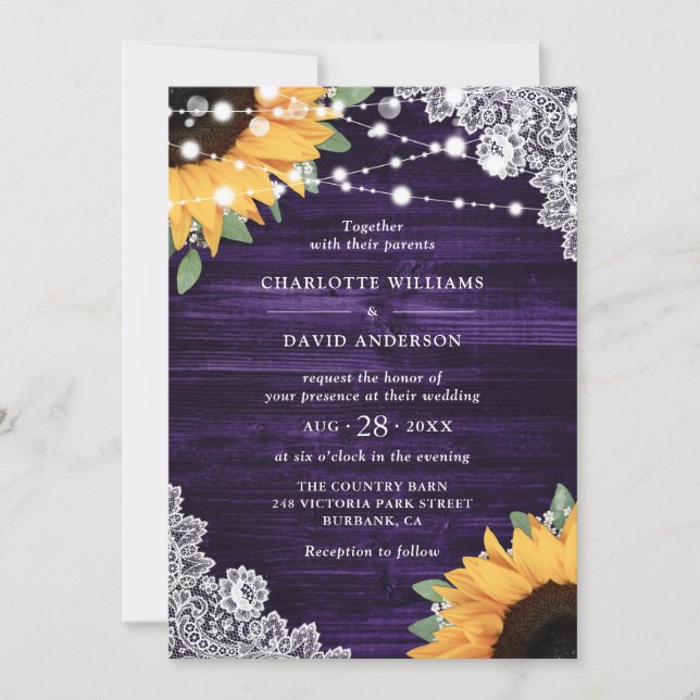 Invitación Boda del girasol Rusple Purple Wood Lace (Anverso)