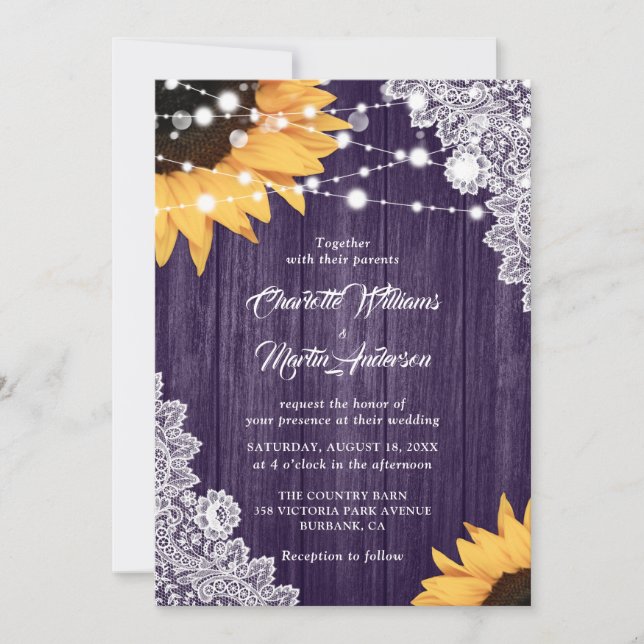 Invitación Boda del girasol Rusple Purple Wood Lace (Anverso)