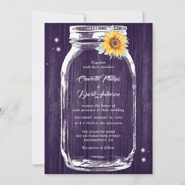 Invitación Boda del girasol Rustic Purple Wood Mason Jar (Anverso)