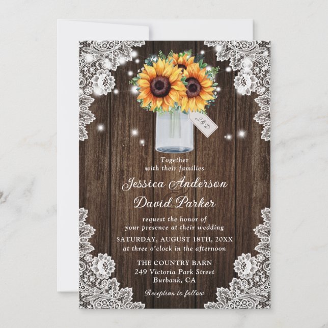 Invitación Boda del girasol Rustic Wood Lace Mason Jar (Anverso)
