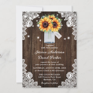 Invitación Boda del girasol Rustic Wood Lace Mason Jar