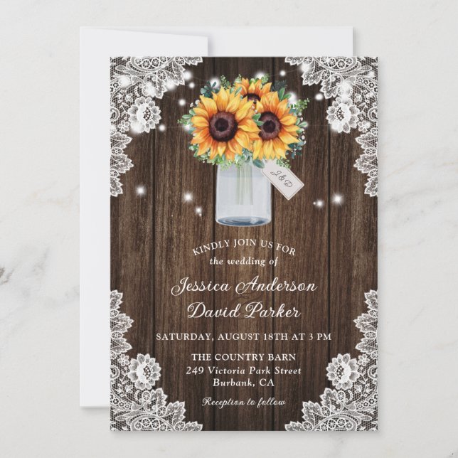 Invitación Boda del girasol Rustic Wood Lace Mason Jar (Anverso)
