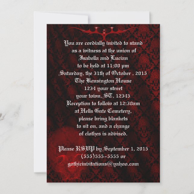 Invitación Boda del Gótico Damask de Cráneo Rojo (Anverso)