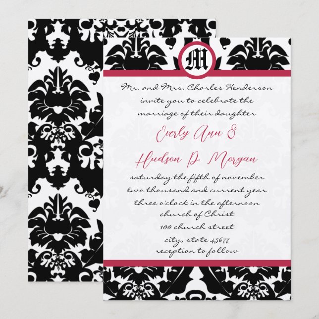 Invitación Boda del guarnecido magenta de damasco blanco y ne (Anverso / Reverso)