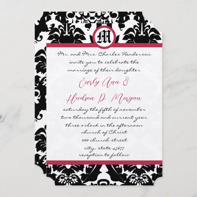 Invitación Boda del guarnecido magenta de damasco blanco y ne (Anverso / Reverso)