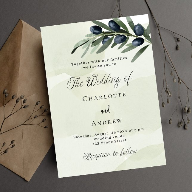 Invitación Boda del guión de la acuarela de hojas de oliva (Subido por el creador)