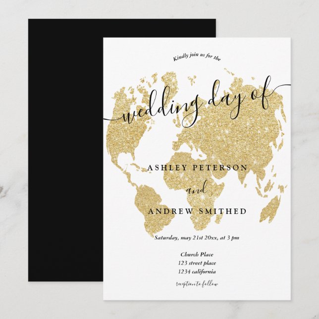 Invitación Boda del guión de moda del purpurina de oro del ma (Anverso / Reverso)