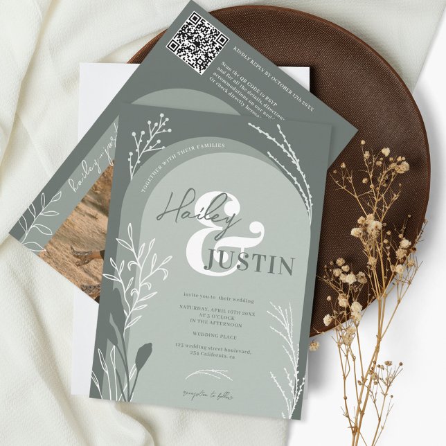Invitación Boda del guión de nombres de fotos verdes de Boho  (Subido por el creador)