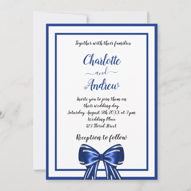 Invitación Boda del guión del arco elegante azul real (Anverso)
