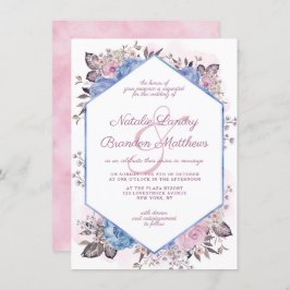 Invitación Boda del hexágono floral azul y rosa de Charm