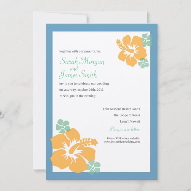 Invitación Boda del hibisco, flores hawaianas, naranja azul (Anverso)