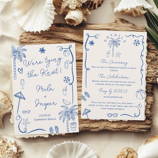 Invitación Boda del Ilustracion Blue French Beach Seaside (Blue French Beach Seaside Illustration Wedding Invitation)