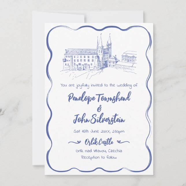 Invitación Boda del Ilustracion del castillo dibujado por man (Anverso)
