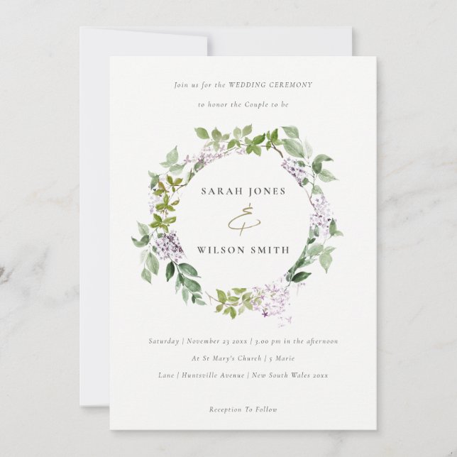 Invitación Boda del Jardín de la Madera de Lilac Floral Wreat (Anverso)