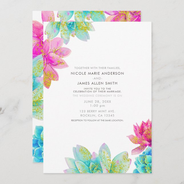Invitación Boda del Jardín de Verano Verde azulado rosa brill (Anverso / Reverso)