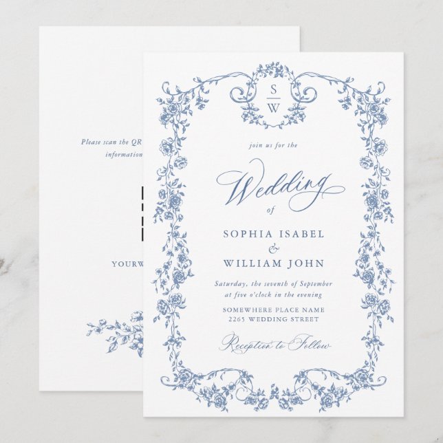 Invitación Boda del Jardín Francés Azul Dusty Victoriano (Anverso / Reverso)