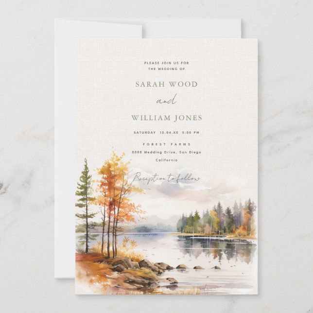 Invitación Boda del lago de caída de lino romántico (Anverso)