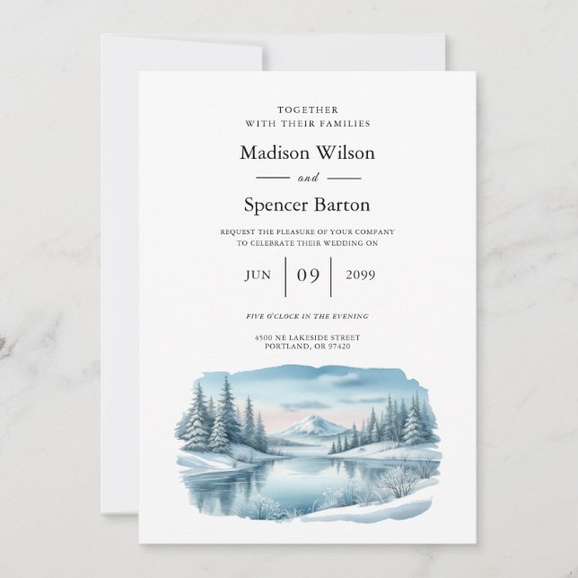 Invitación Boda del Lago de Invierno Snowy Mountain (Anverso)