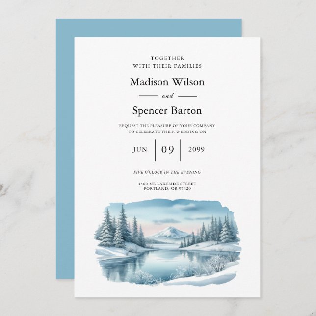 Invitación Boda del Lago de Invierno Snowy Mountain (Anverso / Reverso)